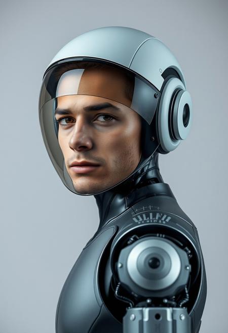 photo portrait of a man stands in front of camera, body slightly turned, looks into camera, high detailed, neutral background, with tiny details of a robot (android) but more as a human, with fully glass futuristic helmet, helmet if a form of a head but smoothed, realistic photo