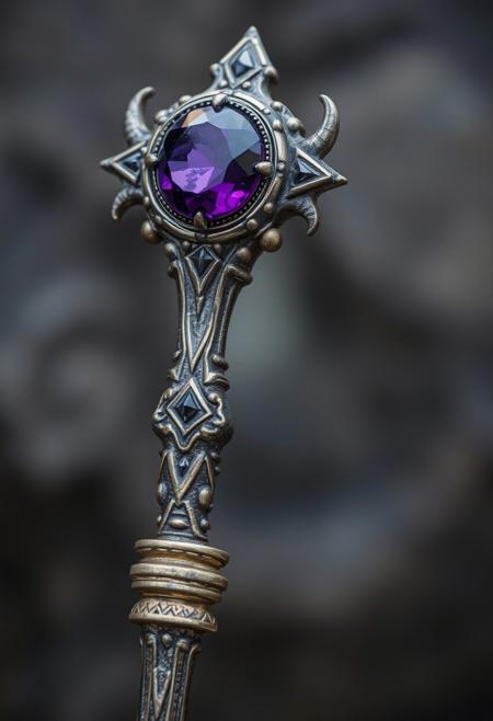 A Highly Detailed Ancient Scary Looking Scepter With A Dark Purple Gem embedded in it
