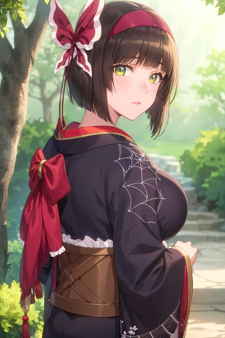 (masterpiece:1.2, best quality), (finely detailed beautiful eyes: 1.2), (extremely detailed CG unity 8k wallpaper, masterpiece, best quality, ultra-detailed),  mio, large breasts, hairband, japanese clothes,  kimono , black gloves, hair bow,spider web print, sash , obi, hair ribbon,  High contrast, (best illumination, an extremely delicate and beautiful),1girl,(simple backround, outdoors,  front on),  looking at viewer,beautiful detailed glow, (beautiful detailed face, beautiful detailed eyes)