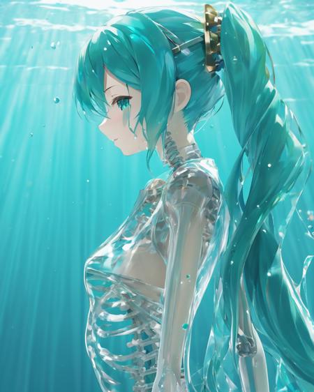 watermiku, 1girl, a half-length photo of Hatsune Miku's side face with a transparent body, and her skeleton can be seen, solo, hatsune miku, jacket, water, upper body, tears, from side, see-through body, transparent body, crying, x-ray, skeleton, spine, <lora:watermikuV5_SDXL_lora:0.7>