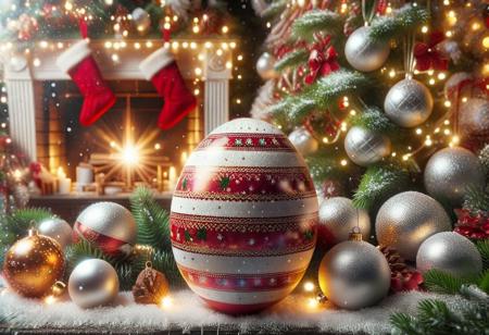 Christmas egg with Christmas tree in the background with Christmas balls and lights
