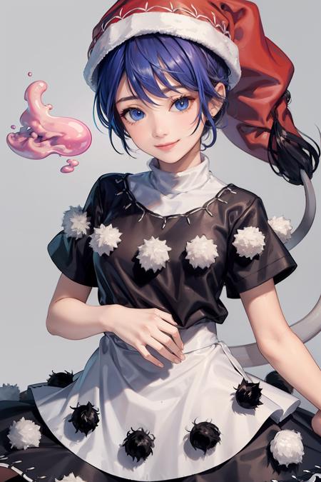 masterpiece, best quality, <lora:DoremySweet:1>,doremy sweet, 1girl,nightcap,blue hair,short hair,blue eyes,short sleeves, dress,pom pom \(clothes\), tapir tail, dream soul,grey background, smile,cowboy shot,