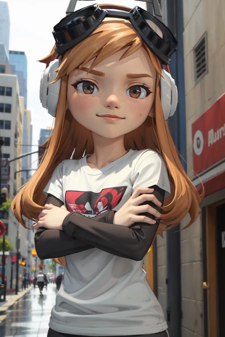 masterpiece, best quality, meggy, headphones, goggles on head, white shirt, layered sleeves, spandex shorts, upper body, smirk, furrowed brow, crossed arms, city <lora:meggy-nvwls-v2-000010:0.9>