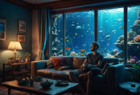 in a living room, with aquarium windows on the wall showing the ocean, fish, coral, shipwrecks, a man on a sofa in the living room looks at the environment video game, cat sleeping on a sofa, concept art futuristic, candlelight, complex picture cinematic post-processing intricate scenery