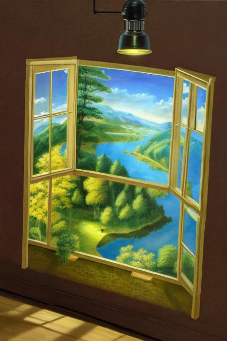 a photo of the clean Isometric_Dreams, with a lamp on a table,a painting of a tree inside a window with a view of a forest and a pond below it