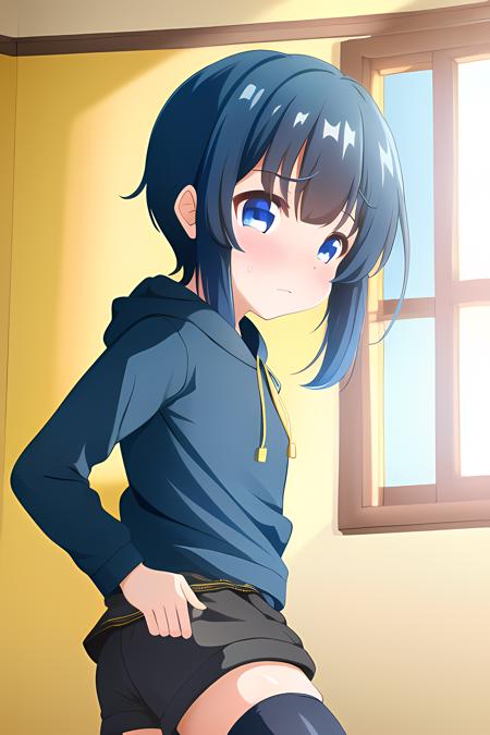 (masterpiece), (best quality:1.4, high quality:1.4, cowboy shot, indoors), from side, <lora:1654865019357226226:1>, 1girl, blush, closed mouth, yellow hoodie, drawstring, black shorts, black thighhighs