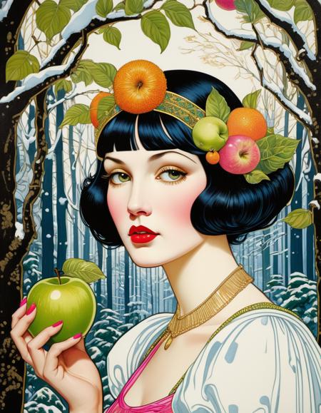 Pop art deco every surface covered in intricate contour lines, highly detailed line work in colored lines in hot pink, blues, golden oranges, lime green engraved illustration by J. C. Leyendecker and Albrecht Durer and Gustav Klimt with gold gilt highlights, gold leaf, portrait of a beautiful 1920s flapper Snow White with her black hair cut to chin length holding a large green apple in a white snowy forest, in the style of full color, intaglio engraving, contouring, hashes, cross hashes, stippling, ultra - photorealism, ultra - detail, with intricate fine line work, color in line only, 4 - color plates, plus gold gilt, colored lines, fills the entire artboard