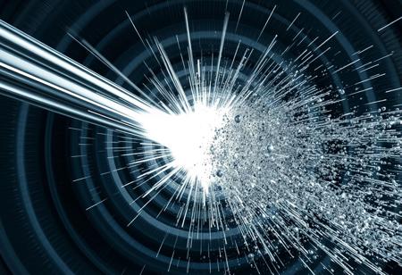 A chrome and silver beam hitting a supervillain 100 metres away. The beam is about 1 metre thick and surrounded by multiple concentric grey and white circles of varying diameter   And the impact has an explosion of grey scale and metallic particles. Each particle is concentric. They are 5 to 300 mm in diameter