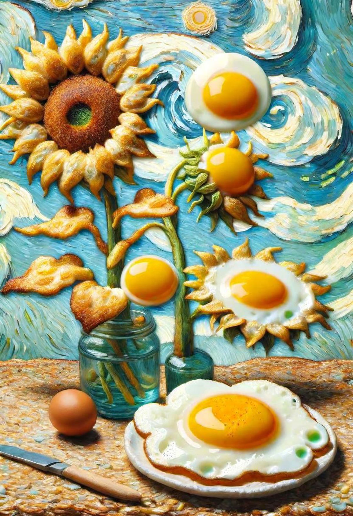 A Fanciful Artistic Still Life with Eggs, Sunflowers, and Food Art.