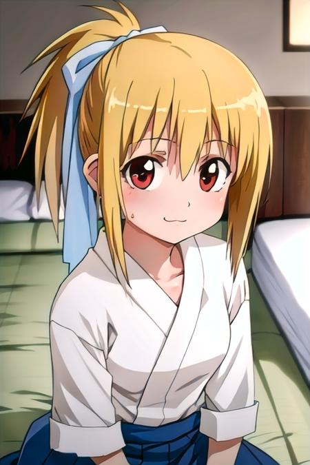 (1girl), masterpiece, best quality, absurdres, cute, extremely detailed face, perfect lighting, (bedroom), chiba kirino, blonde hair, ponytail, hair bow, <lora:model-BambooBlade-Chiba_Kirino:0.8>, japanese clothes, hakama,