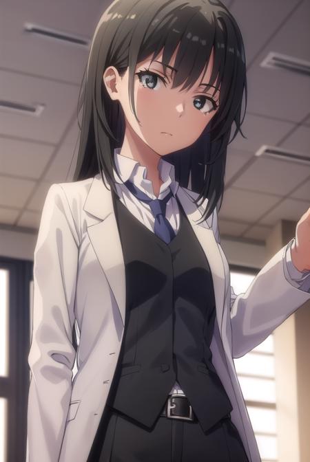 shizukahiratsuka, <lora:shizuka hiratsuka s2s3-lora-nochekaiser:1>,
shizuka hiratsuka, long hair, black hair, (black eyes:1.5),
BREAK necktie, belt, vest, labcoat, white labcoat,
BREAK indoors, classroom,
BREAK looking at viewer, (cowboy shot:1.5),
BREAK <lyco:GoodHands-beta2:1>, (masterpiece:1.2), best quality, high resolution, unity 8k wallpaper, (illustration:0.8), (beautiful detailed eyes:1.6), extremely detailed face, perfect lighting, extremely detailed CG, (perfect hands, perfect anatomy),