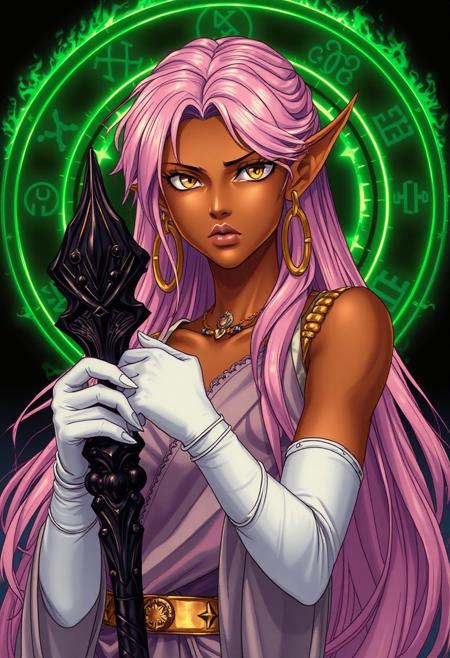 <lora:RetroAnimeFluxV1:1.2> Detailed, vibrant, high contrast  semi-realistic 90s dark fantasy anime.  A dark elf soreceress with golden brown skin, glittering yellow eyes and long flowing light pink hair. Her expression is serious and determined  other holds her carved ebony magical staff in front of her. She is wearing a silk robe. The robe is sleeveless and is fixed by gold clasps on her shoulders and a gold chain around her waist. She has long elf ears pierced with large hoop earrings. Her hands and forearms are covered in white elbow-length gloves. Her body is adorned with jewelry bearing esotheric symbols and runes. The scene is set against a dark void lit by a shining green fire magical circle bearing mysterious glyphs.