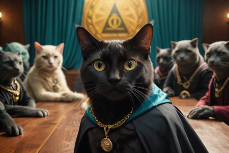a black cat takes a selfie at an Illuminati meeting,humans reptile people and walking dolphins are in the background wearing cloaks,cinematic lighting,absurdres,insanely detailed,<lora:add-detail-xl:0.8>,vibrant colors BREAK