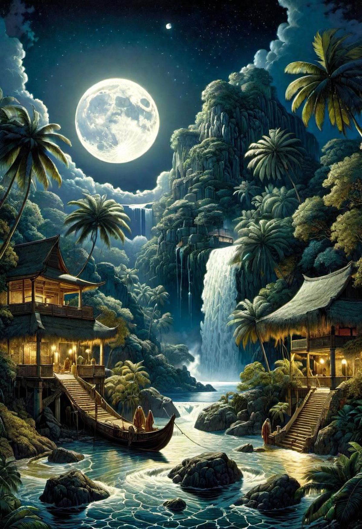 A beautiful painting of a tropical island with a moonlit waterfall, boats, and people.