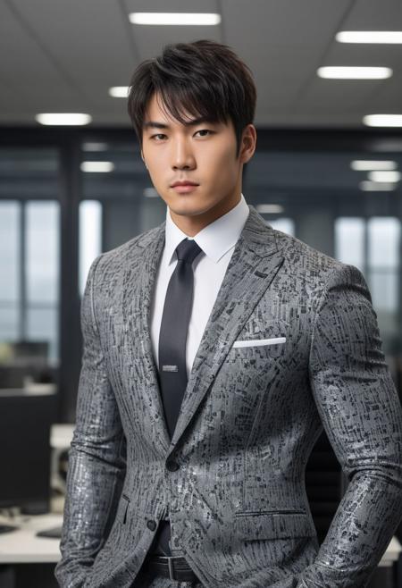 a strong 22-year-old japanese hunk bodybuilder male, with a fringe up undercut hairstyle, detailed face, mindless expression,  wearing a dark-gray suit with silver patterns, wearing pants,  on a modern office, standing at attention pose, looking at viewer, portrait, photography, detailed skin, realistic, photo-realistic, 8k, highly detailed, full length frame, High detail RAW color art, diffused soft lighting, shallow depth of field, sharp focus, hyperrealism, cinematic lighting