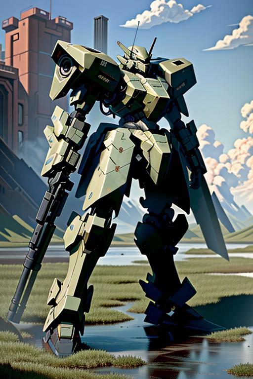 best quality,masterpiece,highly detailed,ultra-detailed, photo, photo-realistic,  outdoors, blue sky, wetland, 1other, robot, mecha, science fiction, holding weapon, shoulder cannon, arm shield, no humans, greebles, realistic