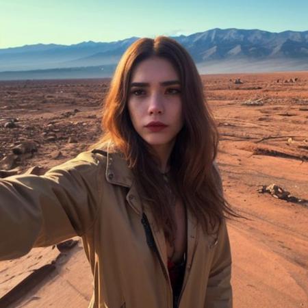 A selfie style photo of the last 25 year old woman from the last day of human kind on earth, extremely detailed, apocalypse, end of times
