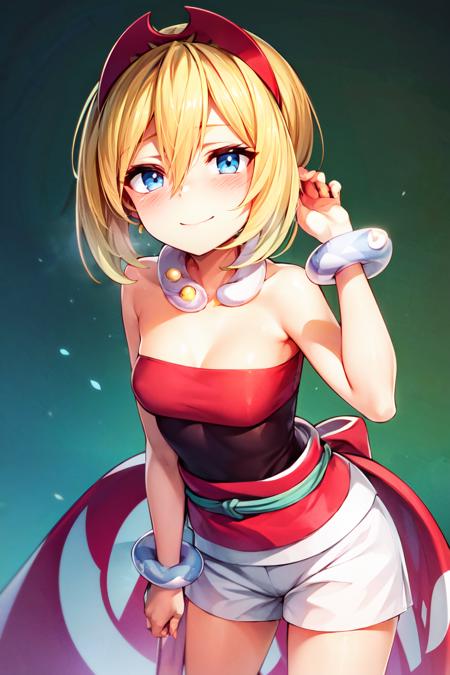 zzIrida, blonde hair, blue eyes, short hair, bangs, hair between eyes,  zzIrida, blonde hair, blue eyes, short hair, bangs, hair between eyes, red hairband, bracelet, neck ring, red shirt, sash, solo, strapless shirt, white shorts, waist cape, 