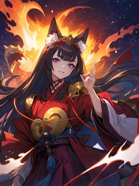 masterpiece,best quality,highres,cinematic lighting,dramatic angle,<lora:ShadowverseGinsetsuV7-000021:0.8>,1girl,animal ears,hair ornament,purple eyes,black hair,long hair,smile,parted lips,looking at viewer,japanese clothes,obi,wide sleeves,burning village,blood,hand  on own cheek,red topwear,purple skirt,portrait,from below,moon,close-up