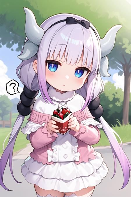 1girl,  <lora:Kanna5-15:1>, kannakamui, dress, dragon horns, thighhighs, hair beads, low twintails, outdoors, holding parfait, standing, head tilt, spoken question mark,