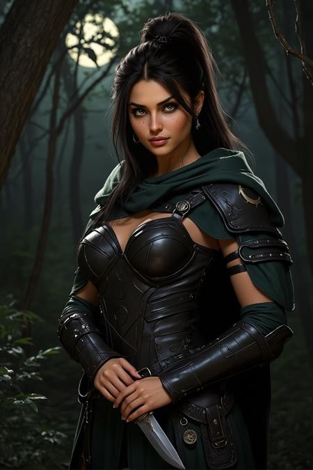 photo realist,Moonlit Huntress. Smooth, olive-toned skin that gleams softly under the moonâs gentle glow. Her long, dark hair is tied back in a high ponytail, with a few loose strands framing her face, giving her a wild and untamed appearance. Eyes are a piercing emerald green, sharp and vigilant, reflecting her keen focus. High cheekbones, a narrow nose, and full lips, set in a confident, knowing smile. A slight scar on her right cheek hints at her experience and resilience in the wilderness.  She is clad in dark, form-fitting leather armor, designed for stealth and agility, hugging her athletic, toned figure. The armor is adorned with subtle engravings of crescent moons and stars, blending perfectly with the shadows of the night. Over her shoulders, she wears a dark green, hooded cloak, blending seamlessly with the surrounding forest. Around her waist, a belt holds several pouches filled with herbs, small tools, and potions. A small, ornate dagger with a jeweled hilt rests in a sheath at her side, ready for close combat.  Her stance is confident and balanced, as if listening to the whispers of the forest. Her hands are poised, fingers lightly flexed, ready for any threat that might emerge from the shadows. Her posture radiates a quiet strength and a readiness to act at a momentâs notice.  Background: A dense forest under a full moon. The thick canopy overhead lets only slivers of moonlight through, casting a mosaic of shadows on the ground. The night is alive with the sounds of rustling leaves and distant nocturnal creatures. A light mist clings to the forest floor, swirling around her boots as she moves silently through the underbrush.  Lighting: Soft, natural moonlight provides a gentle glow, highlighting the contours of her face and the intricate details of her armor. Shadows dance around her, adding an air of mystery and stealth. The moonlight reflects subtly off her eyes and the metal of her dagger, capturing her in a serene, yet ready stance amidst the tranquil, night-lit forest  <lora:FluxDFaeTasticDetails:1><lora:flux-hand v1:1>hands,<lora:flux-bustyFC-2.1:1>massive breast<lora:flux-scg-anatomy-female-v2>scg-anatomy-female