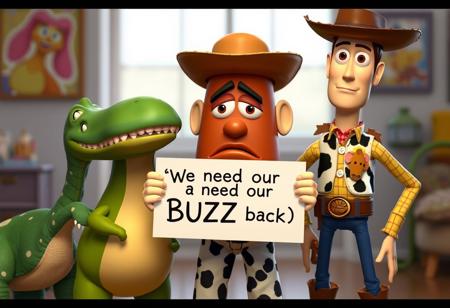 Toy Story characters Rex and Mr Potato head standing next to Crying and sad Woody holding sign with text ((("We need our BUZZ back"))), blurry room background, pixar style