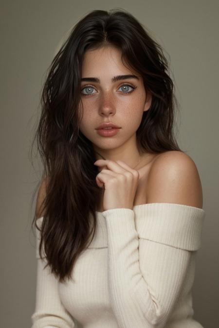 the most beautiful 20 years old girl, slim, offshoulder, red warm turtleneck