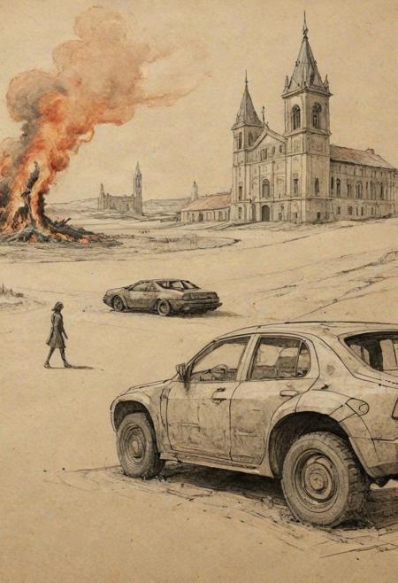 linquivera, liiv1, on parchment
sketch of vehicle in a futuristic but dystopian open environment,an open field, in a setting that features a woman walking away from a burning building. The scene should embody the depth and emotion typical of Renaissance art, with realistic details and proportions. Subtly integrate futuristic technology elements into this historical context, such as a small, advanced gadget or an anachronistic accessory that hints at advanced technology. The color palette should blend the rich, deep hues of Renaissance art with subtle metallic or neon accents to represent the futuristic aspects, creating a captivating juxtaposition of eras