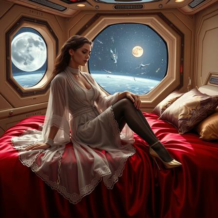 Regally poised norvegian princess in a resplendent, transparent white chiffon robe, layered over a sleek glossy  black foil bodysuit, lace trim nylon stockings, and gleaming high heels, adorned with a delicate collar, sitting serenely on a sumptuous, dark red satin bed in the opulent beige cabin of an imperial spaceship. The lush bed, adorned with intricate, polished metal accents and foil pillows, is situated near a massive observation porthole, offering a breathtaking vista of the stars, a glowing moon, and sleek TIE fighters soaring through the void. Thin, gleaming chains bind the princess to the bed, while soft, ethereal lighting illuminates the scene, blending the elegance of Gustav Klimt, the luxury of Albert Moore, and the futuristic vision of Syd Mead. Horror