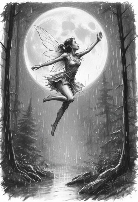 Hand-drawn sketch, overhead view of a fairy mid-leap in a rain-soaked forest under a full moon. Wet scene, reflective surfaces, drizzling rain, rough pencil strokes, textured, white background.