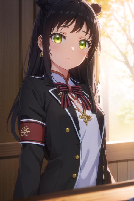 teriawang, <lora:teria wang s1-lora-nochekaiser:1>,
teria wang, long hair, black hair, (green eyes:1.3), hair bun, double bun,
BREAK dress, earrings, chinese clothes, armband, bow, school uniform, jacket, striped, white dress,
BREAK indoors, classroom,
BREAK looking at viewer, (cowboy shot:1.5),
BREAK <lyco:GoodHands-beta2:1>, (masterpiece:1.2), best quality, high resolution, unity 8k wallpaper, (illustration:0.8), (beautiful detailed eyes:1.6), extremely detailed face, perfect lighting, extremely detailed CG, (perfect hands, perfect anatomy),