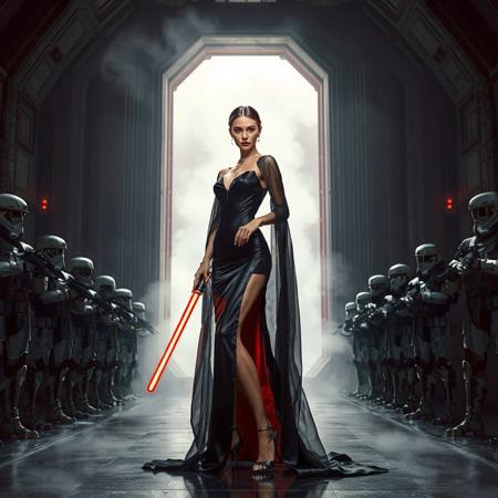 slender arrogant cold femme fatal russian princess  wearing   black glossy satin high slit gown with red lining,  small size opulent glossy high heels,  ultrathin black  transparent slime cloak, jewels, elegant small light saber, posing  standing,  evil grin, green eyes, lipstick, giant portal to outer space, fog from the floor, empire spaceship hangar, surrounded by halo odst troopers, TIE spaceships  at the background, fashion look, hollywood, vogue makeup, porcelain skin, long haired, ultrathin waisym reminiscent of Spielberg, Zdzisław Beksinski, and Ash Thorp's dark, sleek styles, with close-up glamour photography, glossy satin and silver heels glistening, fleshy slime dripping, and dark shadows.