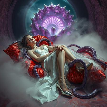 young  russian bride in ivory honeymoon lingerie  and  glossy high heels, entangled in long tentacles, laying  reclined in weird red foil pillows, covered with giant ultrathin transparent slime veils,   giant portal to outer space, fog from the floor, giant purple alien carnivorous flower with glossy spiked petals at background, weird alien hive slime walls and fleshy floor, horror, reminiscent of H.R. Giger, Zdzisław Beksinski, and Ash Thorp's dark, sleek styles, with close-up glamour photography, glossy satin and silver heels glistening, fleshy slime dripping, and dark shadows.