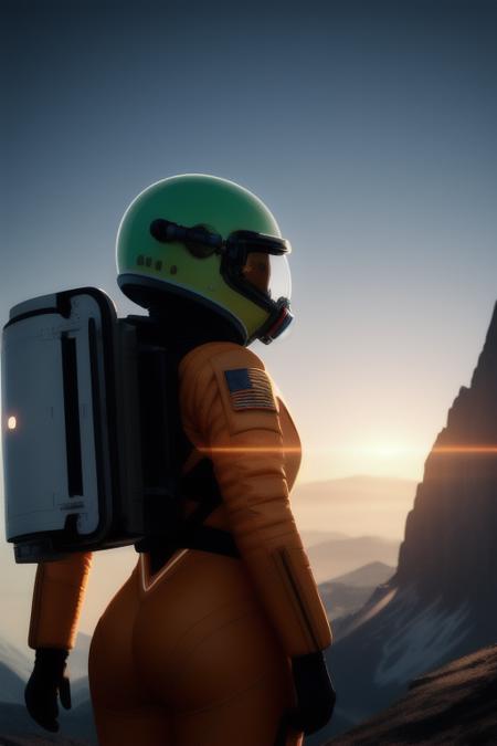 Highly detailed RAW color Photo, Rear Angle, Full Body, of (female space soldier, wearing orange and white space suit, helmet, tined face shield, rebreather, accentuated booty), outdoors, (looking up at advanced alien structure, on alien planet), toned body, big butt, (sci-fi), (mountains:1.1), (lush green vegetation), (two moons in sky:0.8), (highly detailed, hyperdetailed, intricate), (lens flare:0.7), (bloom:0.7), particle effects, raytracing, cinematic lighting, shallow depth of field, photographed on a Sony a9 II, 50mm wide angle lens, sharp focus, cinematic film still from Gravity 2013