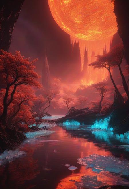 Ultrarealistic. sharp focus, dynamic lighting. play of light, reflection, refraction, Raytracing, Ultra detailed. Alien themed. Alien scenery. alien scenery background. alienworld. An alien fire dragon surrounded by ice.enchanting, cosmic, celestial, ethereal, vibrant flora, magical, luminous, serene, dreamy, radiant, bioluminescent, intricate details, surreal, enchanted forest