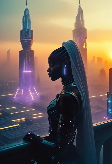 (flux-style)Hyoer Realistic:2.0)Polaroid picture 
an image of 
A black woman stands in her high-rise living room, gazing through expansive windows at a breathtaking fusion of the New Orleans metro skyline seamlessly merged with Dubai’s futuristic towers. The scene is bathed in the golden glow of sunset, highlighting intricate details: the ornate spires of Burj Khalifa rising alongside historic French Quarter rooftops, sleek glass facades reflecting vibrant hues while ancient brick buildings stand resilient. A network of canals and modern roads weave between structures, blending cultures and eras. Soft mist hovers over the Mississippi River, now flanked by palm tree-lined promenades. She leans gracefully against the railing, embodying the harmony of tradition and innovation in this surreal, photorealistic panorama.
BREAK High Evening, metropolis, (Cyberpunk future theme, tall energy towers :2.17)
