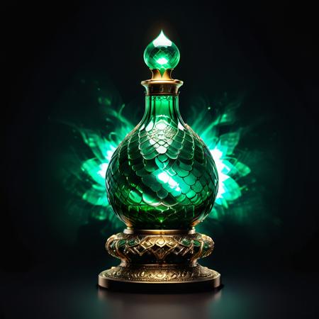 Sn4ke in a emerald bottle on a beautiful intricate stand. Emitting light. Glowing, mystical aura, polished glass, magical reflections, intricate stand, swirling mist, enchanted object, spiritual energy, mysterious shine. Black background.