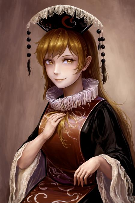 illustration, best quality, highly detailed, amb, 1girl, animal ears, black dress, black headwear, blonde hair, dress, fox, hat, lace-trimmed sleeves, lace trim, lips, long hair, looking at viewer, neck ruff, nose, own hands together, ribbon, smile, tabard, tassel, wavy hair, yellow eyes, yellow ribbon, amibazh, junko (touhou), medieval city, green garden <lora:amibazh_v7-000012:1>