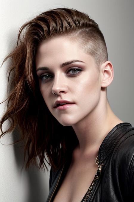 (s3m1sh4v3d-summer4love263:0.6), closeup protrait of kristen stewart, grey background,