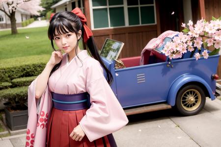 masterpiece, best quality,(1990s \(style\):0),smile,Sakura Shinguuji (sakure wars), japanese clothes, 1girl, ground vehicle, cherry blossoms, bow, long hair, hakama, ponytail, kimono, hakama skirt, hair bow, red hakama