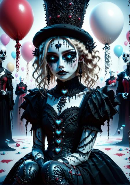 score_9, score_8_up, score_7_up, score_6_up, mynewfantasy, Dark beauty, solo, blonde girl, smeared red makeup under eyes, black-and-white striped outfit, heart symbols on sleeves, red and white balloons, gothic mime style, black beret, pale skin, icy blue eyes, dark eyeliner, melancholic expression, seated, knees pulled close to chest, arms resting on knees, corset top, black gloves, carnival theme, eerie atmosphere, haunting elegance, emotional intensity