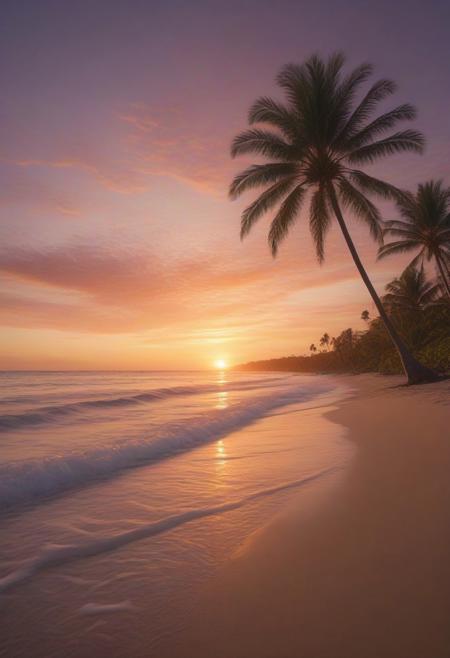 A tranquil tropical beach stretches out, lined with tall, swaying palm trees that catch the fading light of the setting sun. The sky is painted in warm shades of orange, pink, and purple, creating a vibrant backdrop as the sun dips toward the horizon. Jason De Graaf’s mastery of reflections brings the gentle waves to life, with the water shimmering in the soft, golden light, perfectly mirroring the glowing sky and distant clouds. His attention to the subtle details of the water’s movement, from ripples to glistening highlights, adds a lifelike quality to the ocean’s surface.
Pedro Campos’s impeccable control of lighting enhances the entire scene, with long shadows of the palm trees stretching across the smooth sand, and the soft glow of the sunset bathing everything in a warm, serene hue. The transition between light and shadow on the beach is rendered with such precision that each grain of sand seems to come alive under the fading sun.
Yigal Ozeri’s detailed rendering of the palm trees and plant life adds depth and texture to the landscape. The palm fronds are intricately detailed, swaying gently in the evening breeze, while the lush foliage creates a vivid contrast against the bright sky. The scene feels both idyllic and vibrant, capturing the peaceful beauty of a tropical sunset.
pay special attention to natural true colors.