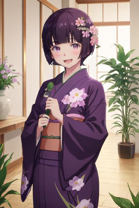 best quality, masterpiece, highres, solo, {senju_muramasa_eromangasensei:1.15}, short_hair, blush, purple_hair, bangs, blunt_bangs, purple_eyes, black_hair, 1girl, :d, green_kimono, indoors, japanese_clothes, kimono, open_mouth, plant, potted_plant, smile, upper_body, flower, vase, floral_print, looking_at_viewer