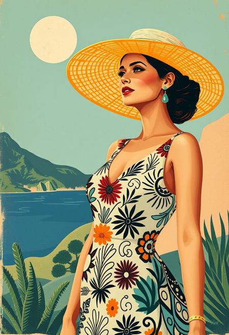 A retro tourism ad featuring a woman in a sun hat, her dress covered in dynamic, hand-drawn motifs, blending classic elegance with playful modern energy.
vintage travel poster realism infused with bold textile-inspired abstraction, soft painterly textures blending with geometric rhythmic patterns, bright and playful color contrasts, classic Art Deco composition with dynamic organic shapes, nostalgic yet modern fusion of structured elegance and vibrant spontaneity
