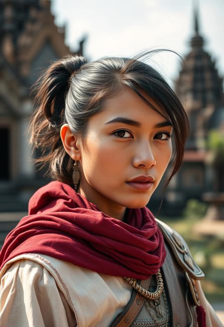 Close Up shot of Raya as a warrior princess  at the Cambodian temple, short mane, at day, Low saturation color photography, vintage, grunge, side hard light