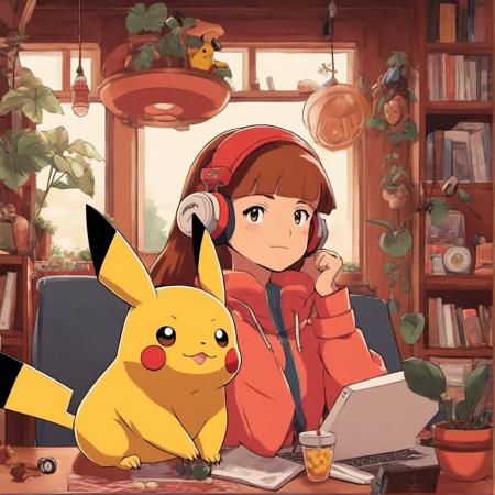 A photo of an anime Lofi Girl as a Pokemon trainer with her pikachu <lora:SDXL-LofiGirl-Lora:1>, Very detailed, clean, high quality, sharp image