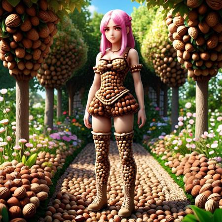 (1 female outfit made of nuts:1.1), full body, full body outfit made of nuts, garden background, garden full of beautiful flowers, garden made of leaves, realistic flowers, nutstylesnut, Leaves_Fantasy, pink hair, amber eyes, light skin, soft lighting, anime style, comic style, sharp focus, fine details, high quality, precise, high resolution, 4k, 8k,