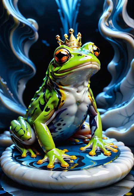 Ultrarealistic. sharp focus, dynamic lighting. play of light, Raytracing, Ultra detailed. (((Liquid Marble style))). A king frog made of Liquid Marble.king crown