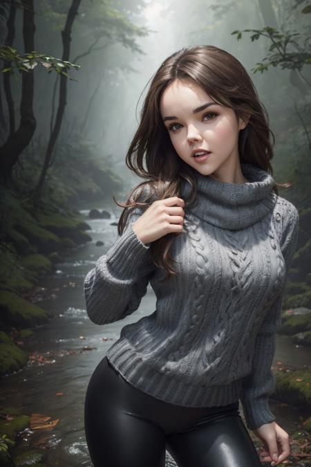 photo of S019_DillionHarper_v2, a gorgeous woman, in a (misty-forest:1.2), (creek:1.2), wearing a (sweater:1.2) and (leggings), (8k, RAW photo, best quality, depth of field, ultra high res:1.2), (absurdres, intricate, photorealistic, masterpiece, ultra-detailed:1.3)