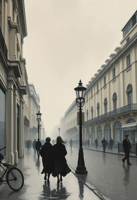 A rainy boulevard in early 20th-century Paris, figures in flowing brushstrokes walking along the sidewalk. In the background, faint linear grids and repeating geometric shapes subtly blend into the texture of the overcast sky, giving the impression of a hidden underlying structure within the impressionistic scene.
impressionist cityscapes, atmospheric street scenes, soft glowing lights, rich textures, monochromatic geometric patterns, structured compositions, layered depth, dynamic brushstrokes, classical Parisian architecture, grid-like abstraction, wet reflective streets, balanced contrast, moody yet elegant, subtle tonal shifts, interplay of order and spontaneity, nostalgic yet modern, structured repetition, romantic urban ambiance, fusion of impressionism and minimalism